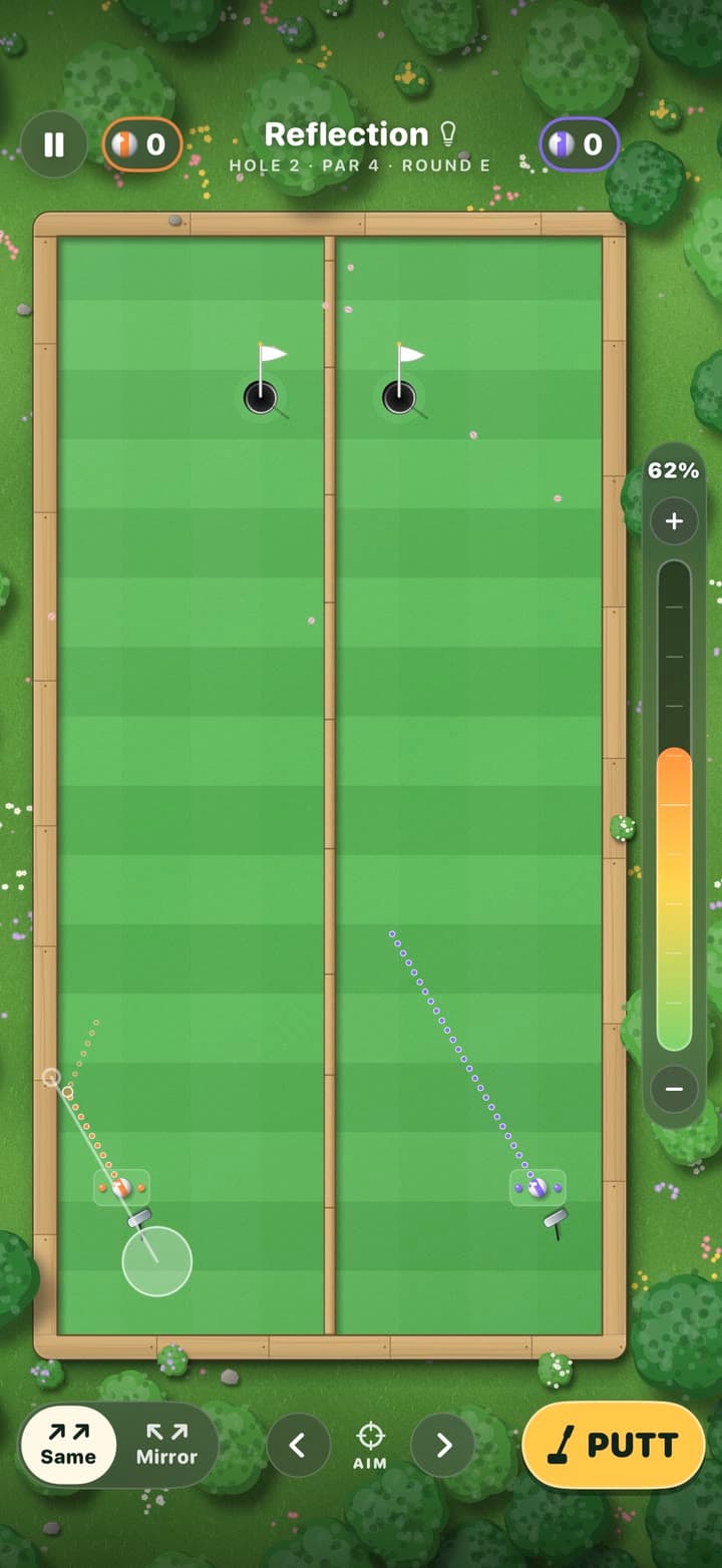 Aiming on Reflection: a finger pulls back below the left ball, and a guide shows each ball its line.